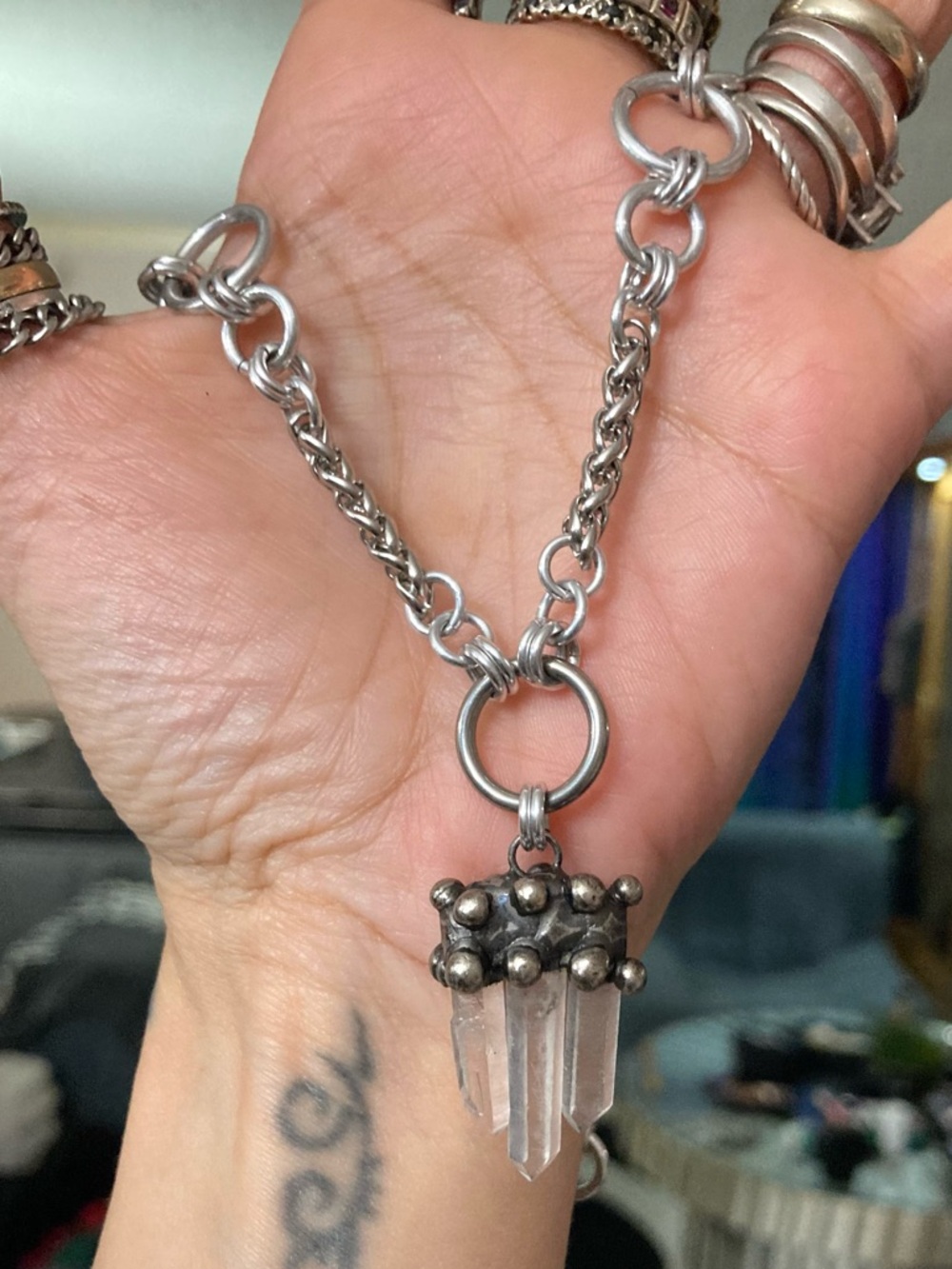 Handmade Genuine raw crystal quartz maille stainless steel boho goth necklace - Picture 16 of 16